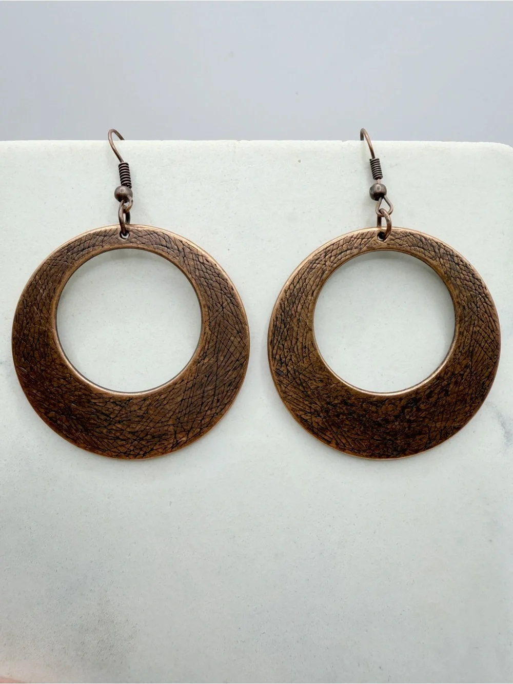 Antique Textured Crescent Hoop Earrings | Rustic Brushed Metal Dangle Earrings